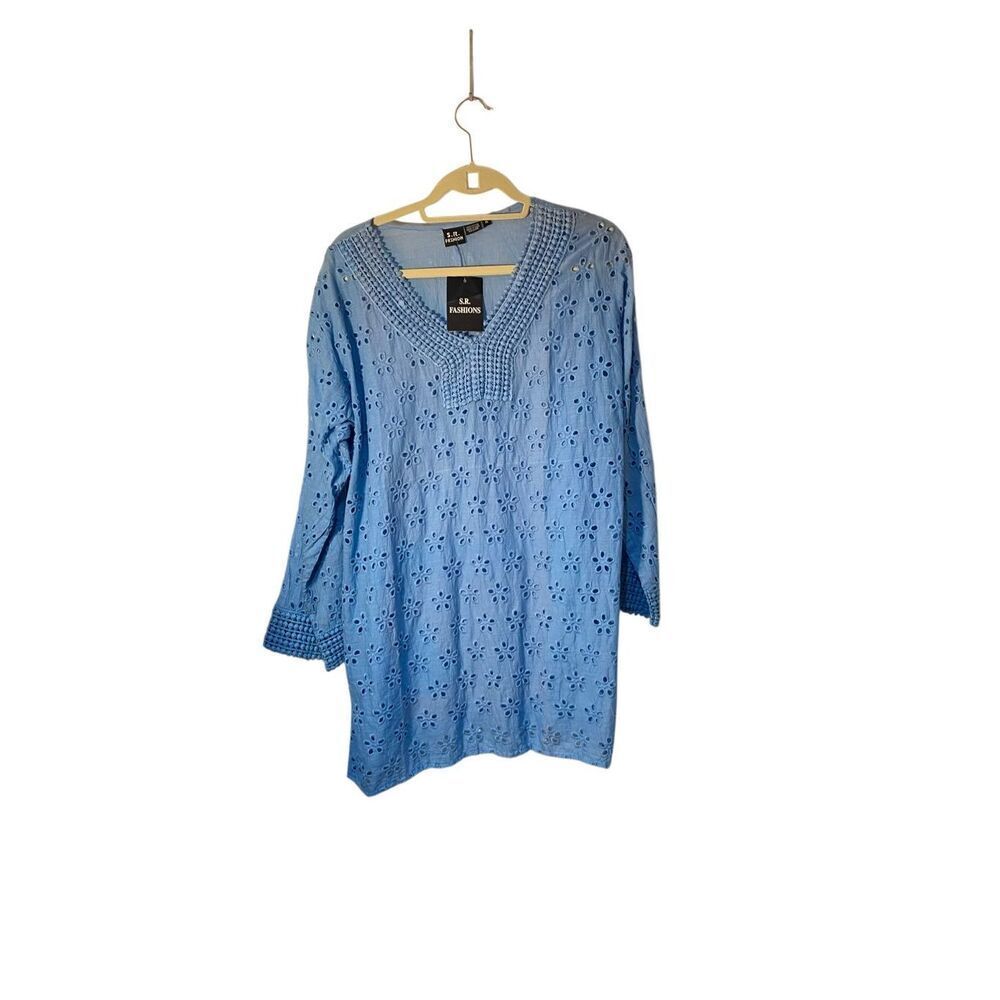 NWT S.R. Fashion long sleeve eyelet lace blue BoHo top 100% cotton XL.